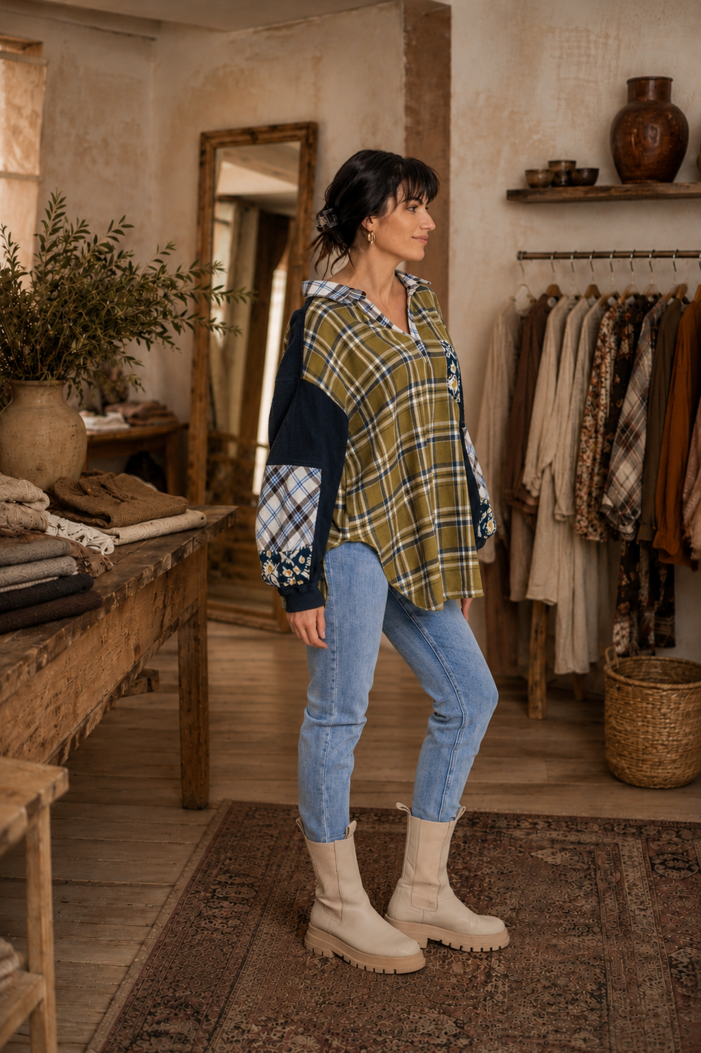 CJ Olive Shirt Plaid Patchwork | Side view