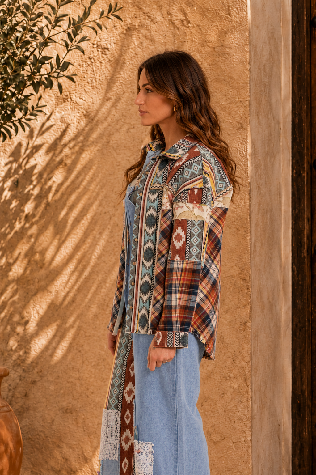 CJ Patchwork Shacket Aztec | Side view