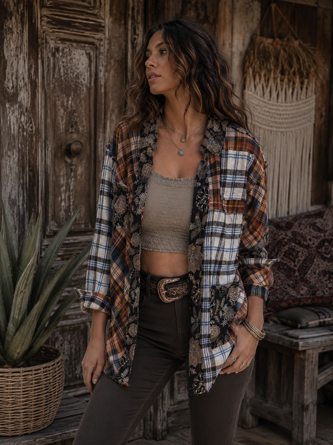 CJ Rust Patchwork Shacket | Styled front