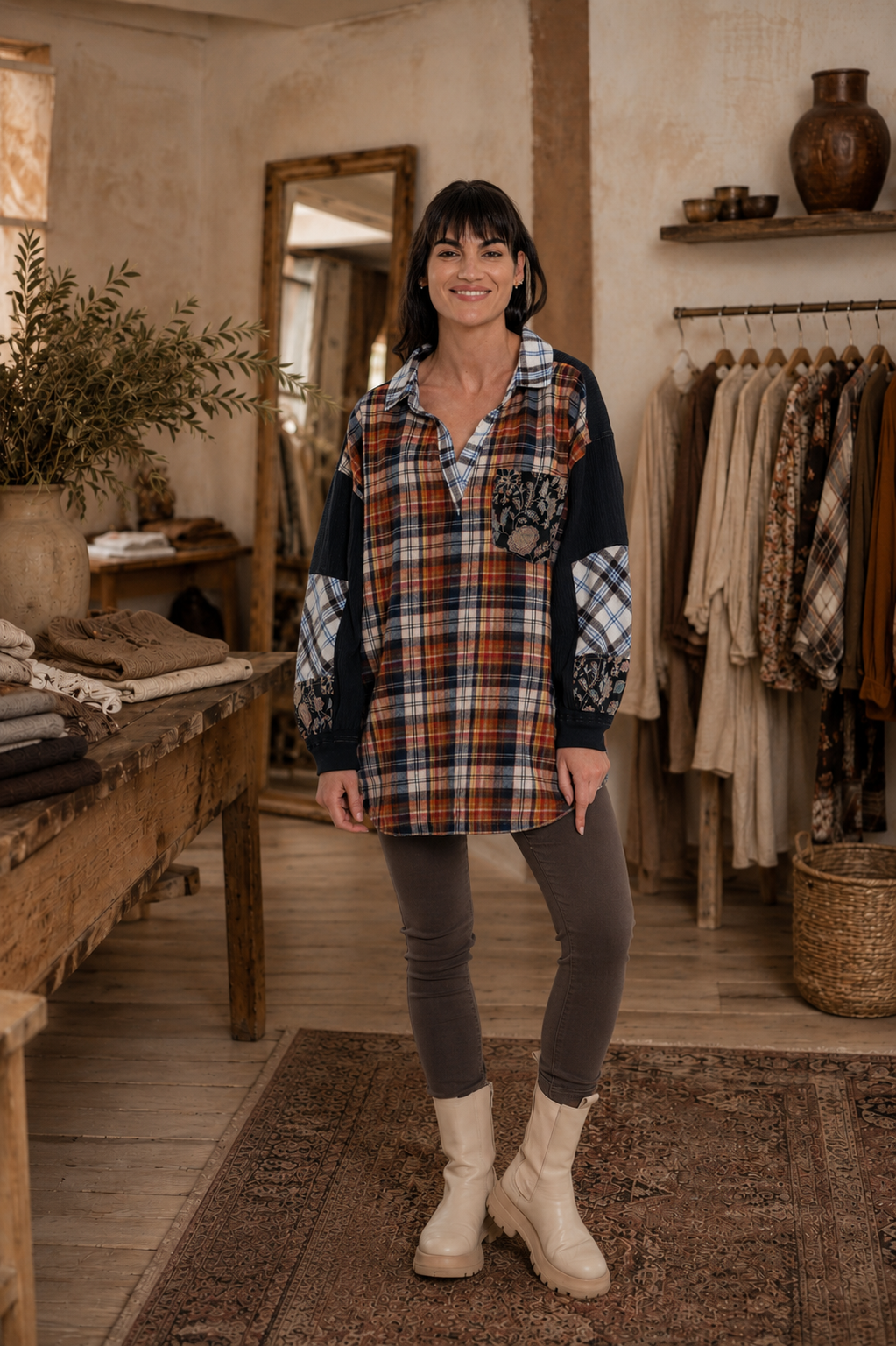 CJ Rust Shirt Plaid Patchwork | Front view