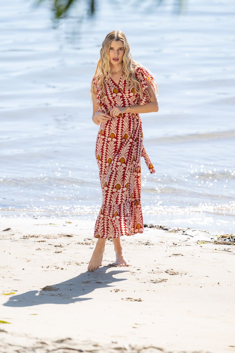 Coral Cotton Frill Wrap Dress