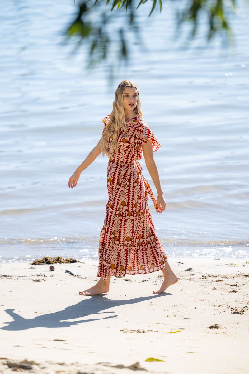 Coral Cotton Frill Wrap Dress