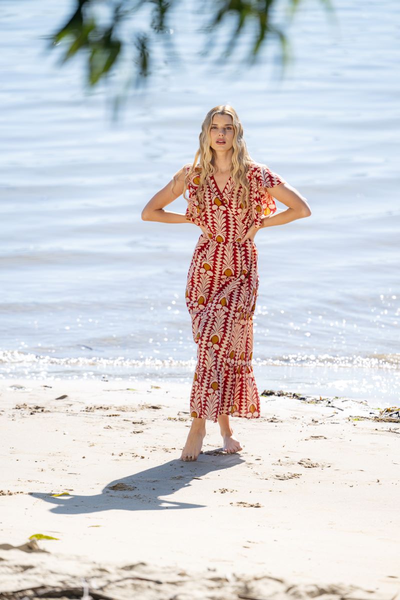 Coral Cotton Frill Wrap Dress