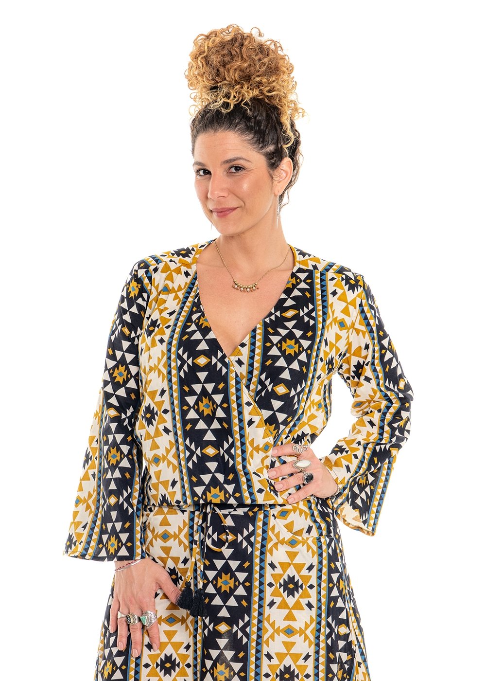 Coyote geometric print crossover top in navy with bold gold mustard and cream geometric pattern - Cienna Designs