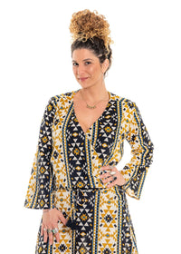 Coyote geometric print crossover top in navy with bold gold mustard and cream geometric pattern - Cienna Designs