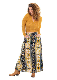 Coyote geometric print Dakota skirt in navy with bold gold mustard and cream geometric pattern - Cienna Designs