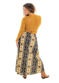 Coyote geometric print Dakota skirt back view, high contrast navy gold and cream aztec-inspired geometric motifs - Cienna Designs