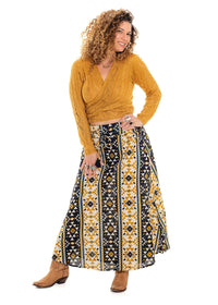Coyote geometric print Dakota skirt side view, navy base with bold gold mustard and teal geometric shapes - Cienna Designs