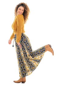 Coyote geometric print Dakota skirt detail view, high contrast navy gold mustard and cream geometric print - Cienna Designs