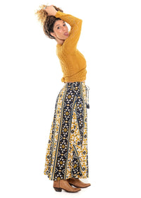 Coyote geometric print Dakota skirt additional view, navy base with bold geometric motifs in gold mustard and cream - Cienna Designs