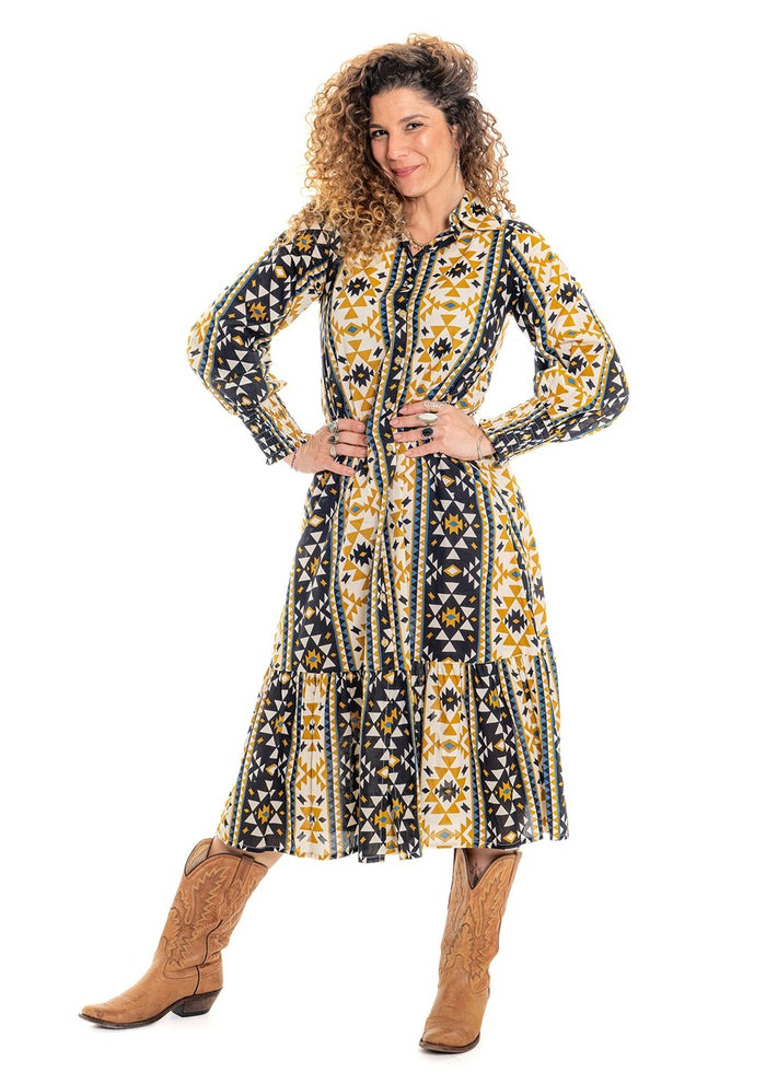 Coyote geometric print Dallas dress in navy with bold gold mustard and cream geometric pattern - Cienna Designs