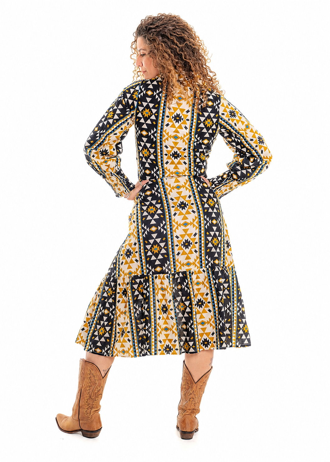 Coyote geometric print Dallas dress back view, high contrast navy gold mustard and cream aztec-inspired geometric print - Cienna Designs