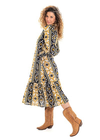 Coyote geometric print Dallas dress side view in navy with bold gold mustard geometric motifs - Cienna Designs