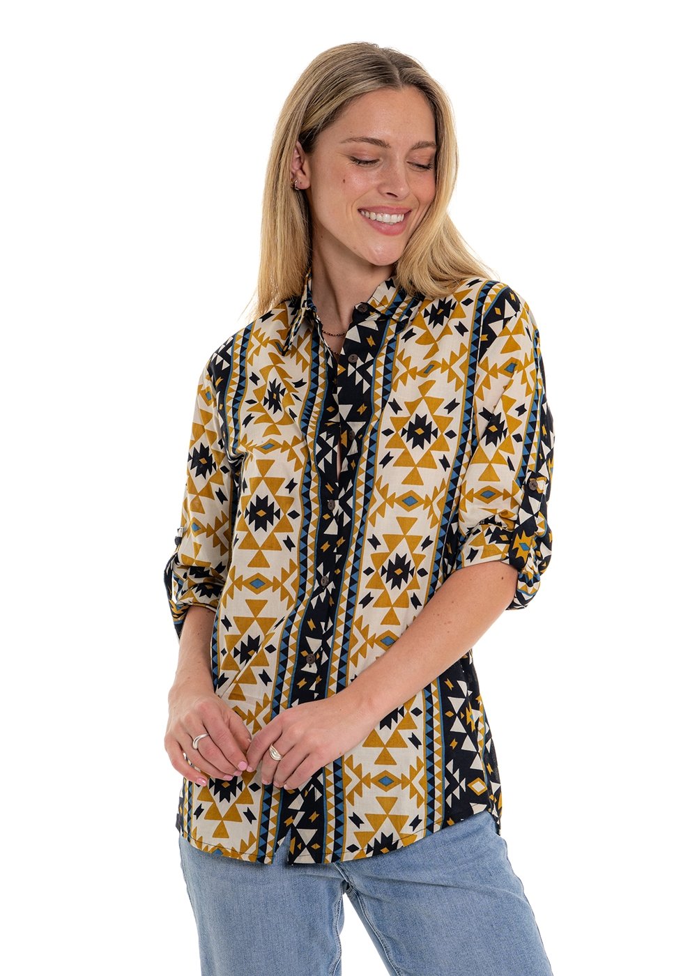 Coyote geometric print long sleeve button-front shirt in cream with bold navy and gold mustard geometric bands - Cienna Designs