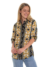 Coyote geometric print long sleeve button-front shirt in cream with bold navy and gold mustard geometric bands - Cienna Designs