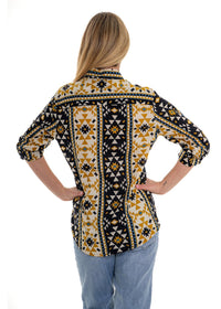 Coyote geometric print long sleeve shirt back view, cream ground with bold navy and gold mustard geometric bands, roll-tab sleeves - Cienna Designs