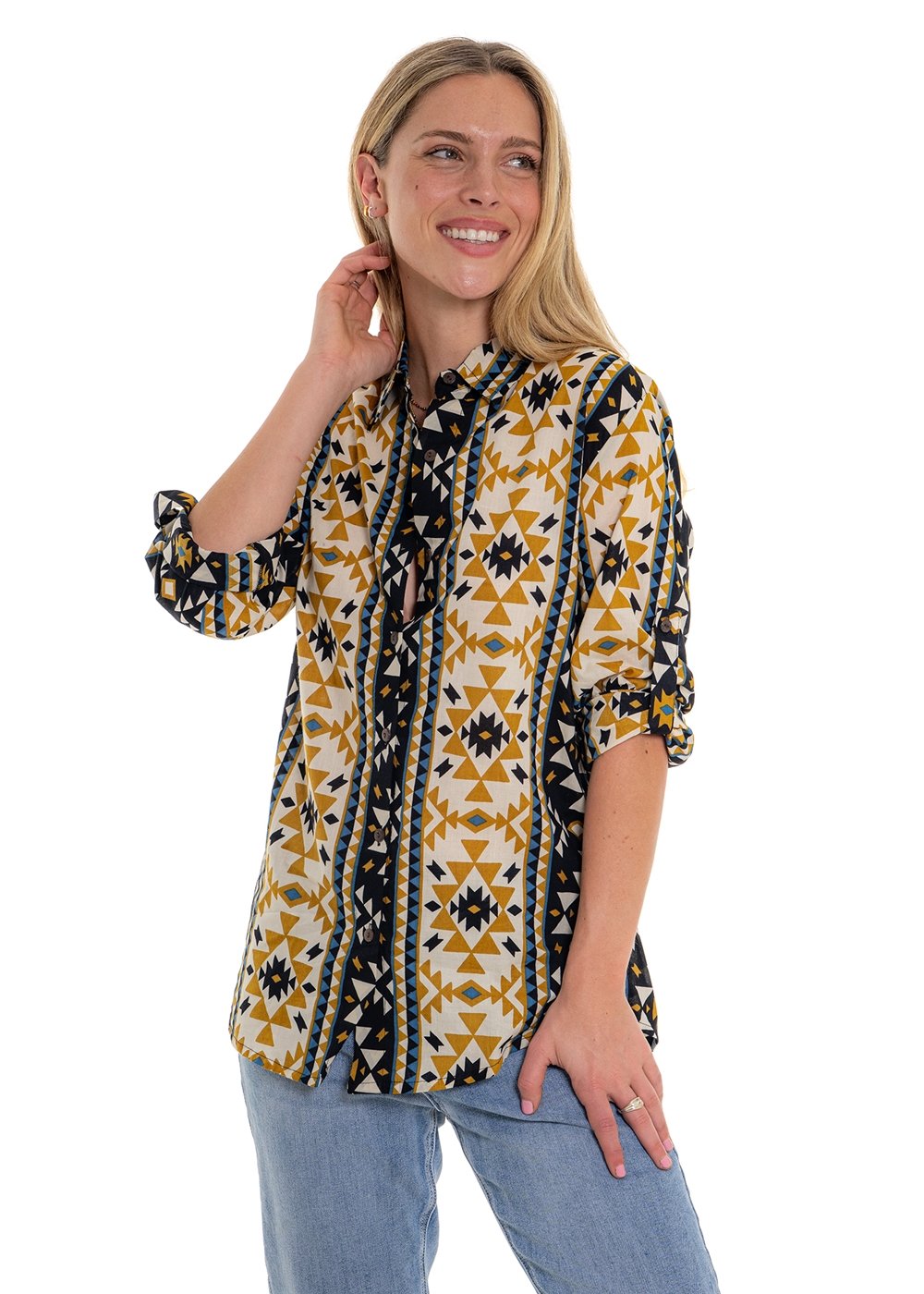 Coyote geometric print long sleeve shirt side view, cream cotton with structured navy and gold mustard geometric pattern - Cienna Designs
