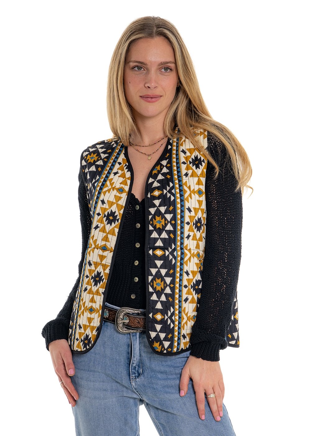 Coyote geometric print quilted vest with vertical channel stitching and contrast binding, navy base with bold gold mustard and teal geometric motifs - Cienna Designs