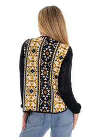 Coyote geometric print quilted vest back view, navy base with high contrast gold mustard and teal aztec-inspired geometric pattern - Cienna Designs