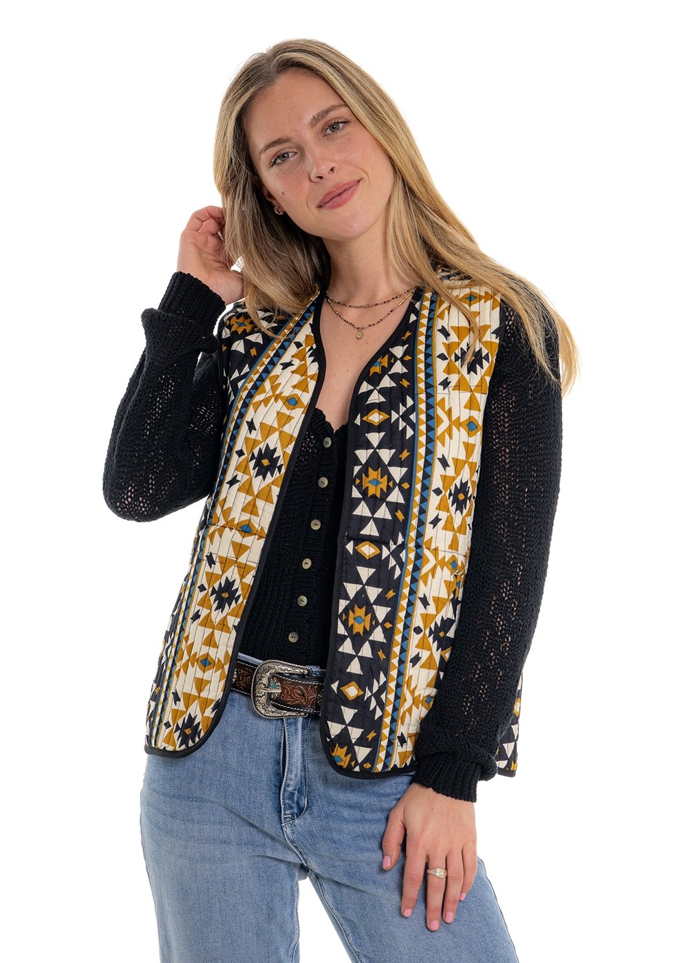 Coyote geometric print quilted vest detail, high contrast navy gold mustard and cream geometric pattern - Cienna Designs