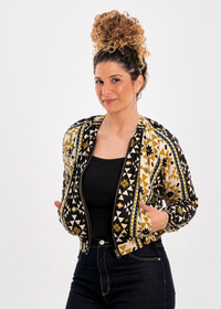 Coyote geometric print reversible bomber jacket in navy with bold gold mustard and cream aztec-inspired geometric motifs - Cienna Designs