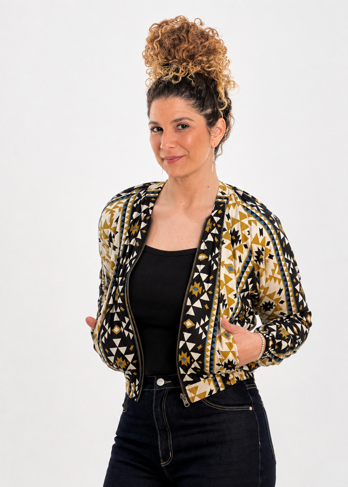 Coyote geometric print reversible bomber jacket in navy with bold gold mustard and cream aztec-inspired geometric motifs - Cienna Designs