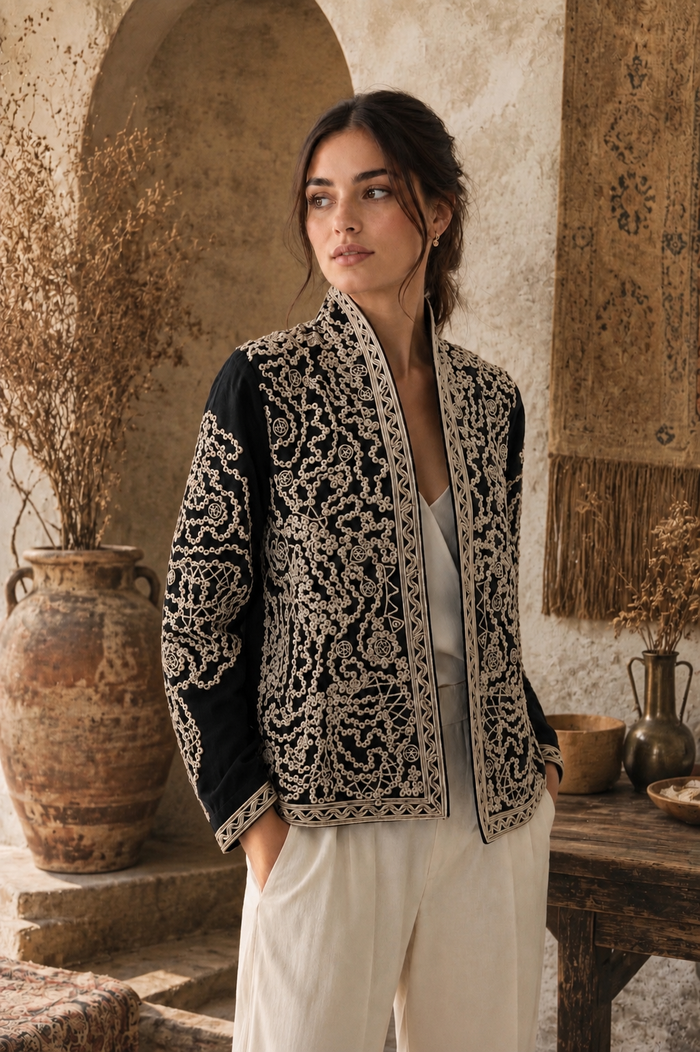 Fabi embroidered jacket in 100% cotton with botanical rope embroidery in black and cream, stand collar with clean polished silhouette - Cienna Designs
