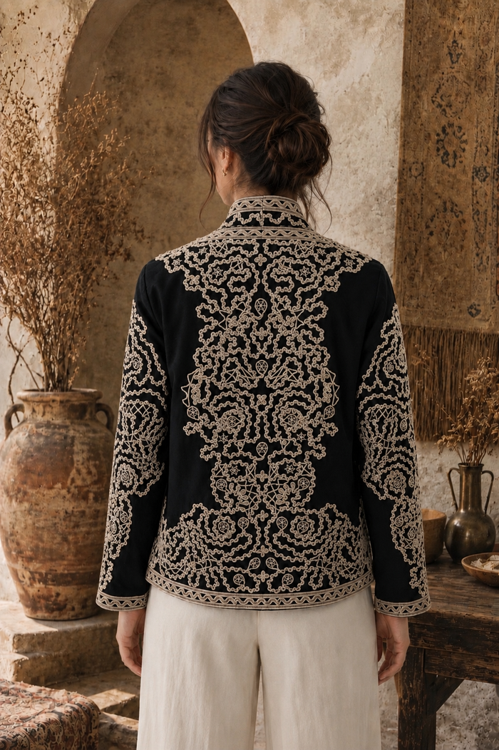 Fabi embroidered jacket back view in 100% cotton with botanical rope stitching detail in black and cream - Cienna Designs