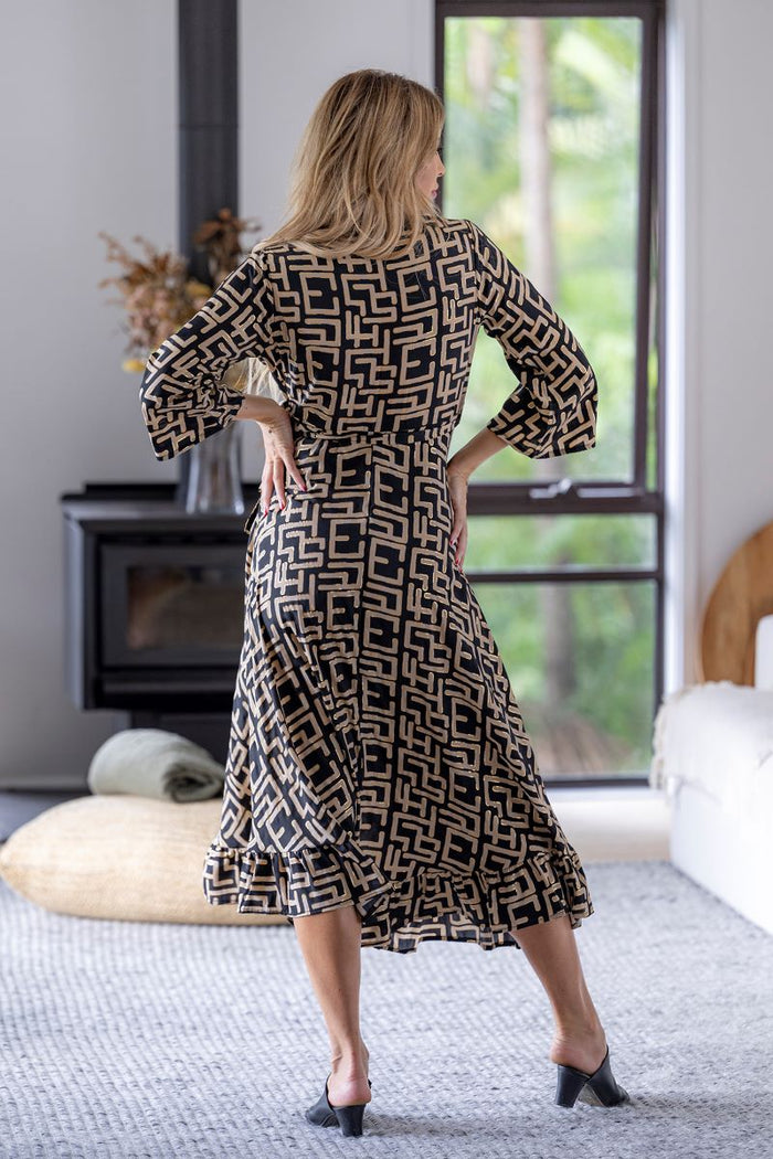 Geo Long Sleeve Wrap Dress | Black