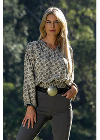 Cienna Designs Izzy Blouse in gold floral block print on charcoal and black, shirred waist V-neck silk-polyester — Izzy Blouse by Cienna Designs
