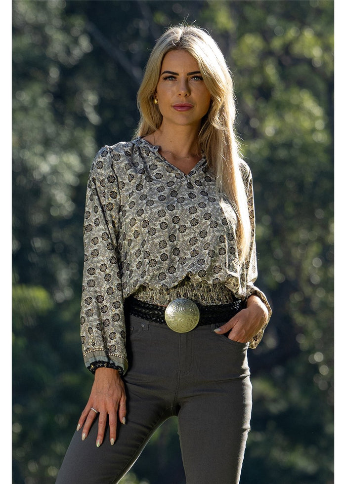 Cienna Designs Izzy Blouse in gold floral block print on charcoal and black, shirred waist V-neck silk-polyester — Izzy Blouse by Cienna Designs