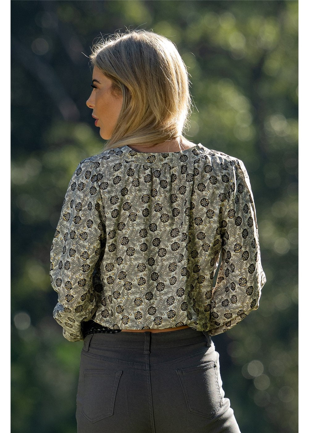 Izzy Blouse in detailed gold floral block print on charcoal, fluid silk-polyester blend draping beautifully — Cienna Designs