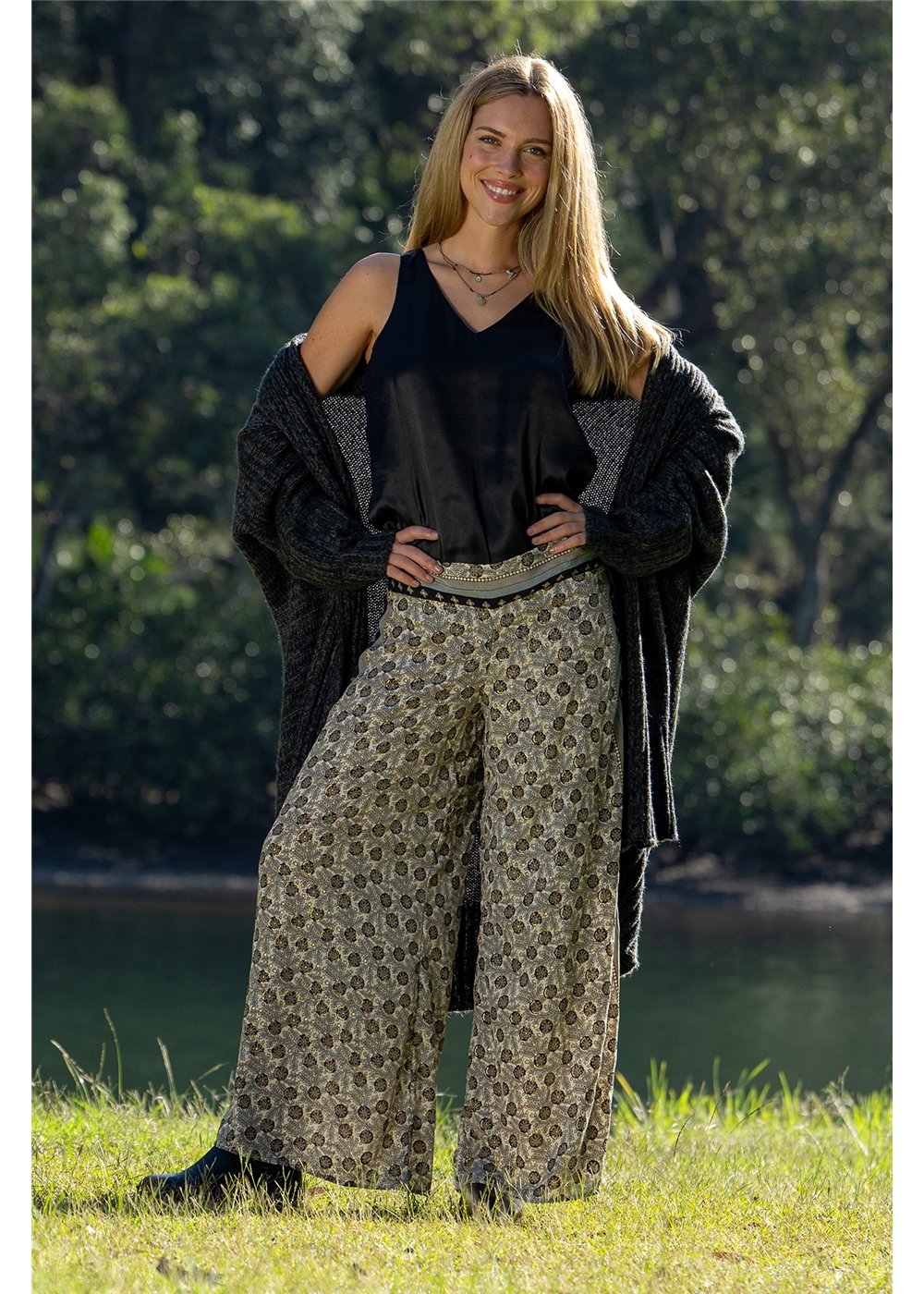 Cienna Designs Izzy Elle Pants in gold floral block print on charcoal and black, wide-leg silk-polyester — Izzy Elle Pants by Cienna Designs