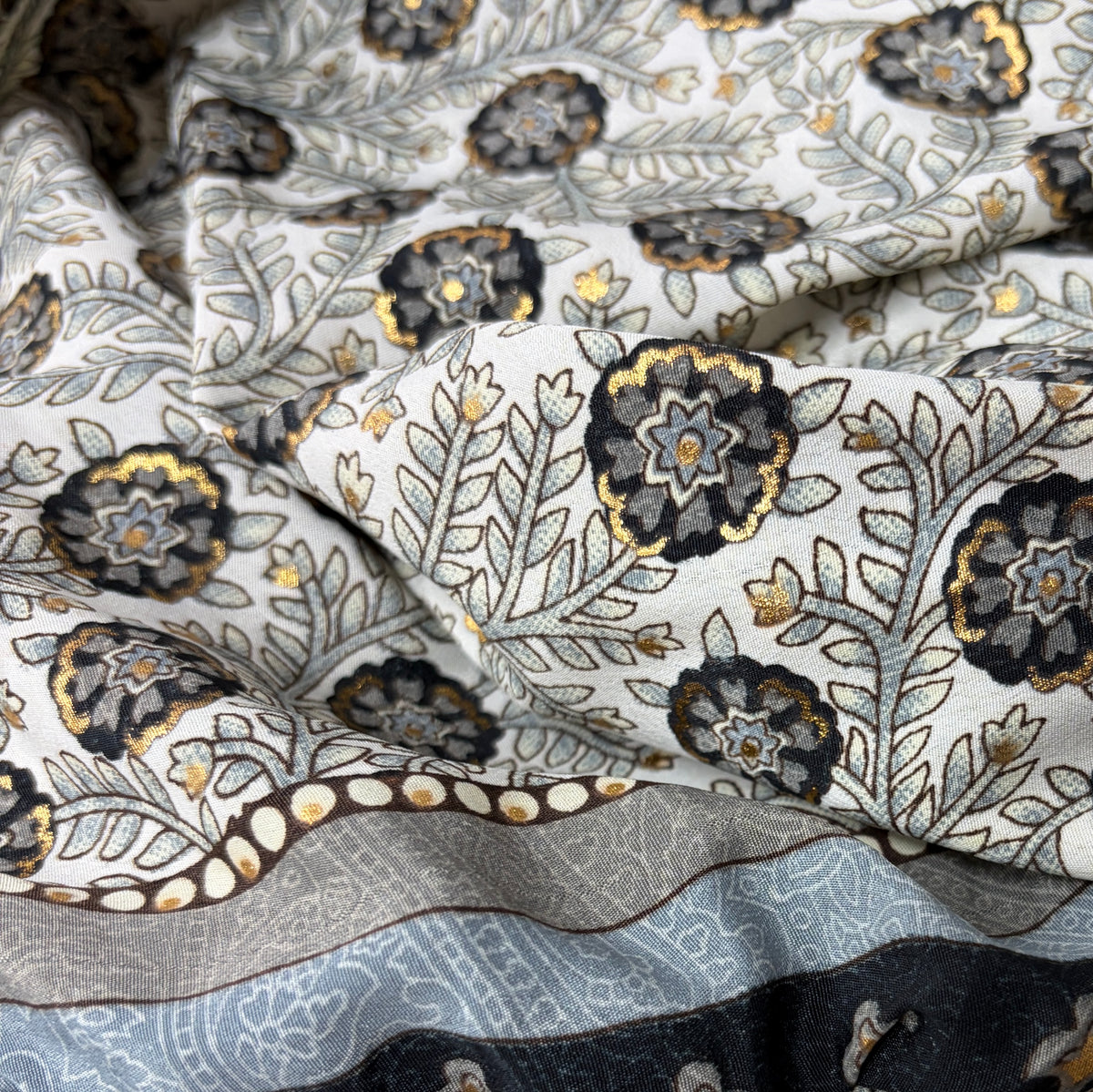 Izzy Elle Pants in grey and dusty blue floral block print on off-white, second colorway — Cienna Designs