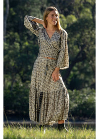 Izzy Frill Maxi Skirt gold floral block print on charcoal, styled with Izzy collection tops — Cienna Designs