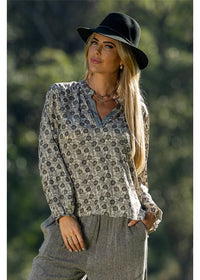 Cienna Designs Izzy Long Sleeve Blouse in gold floral block print on charcoal and black, silk-polyester blend — Izzy Long Sleeve Blouse by Cienna Designs