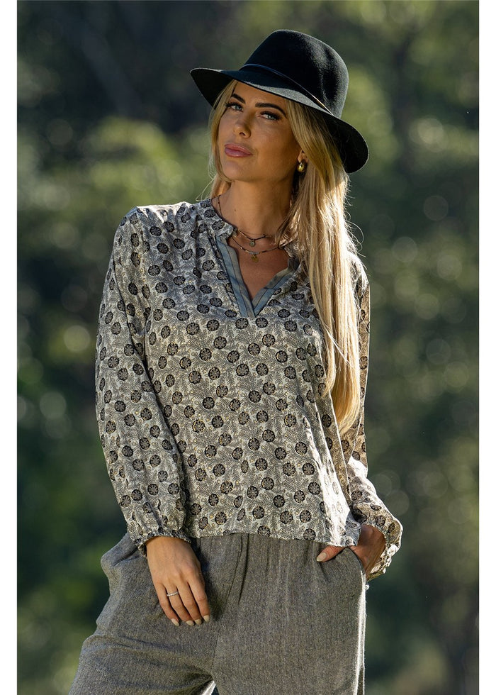 Cienna Designs Izzy Long Sleeve Blouse in gold floral block print on charcoal and black, silk-polyester blend — Izzy Long Sleeve Blouse by Cienna Designs