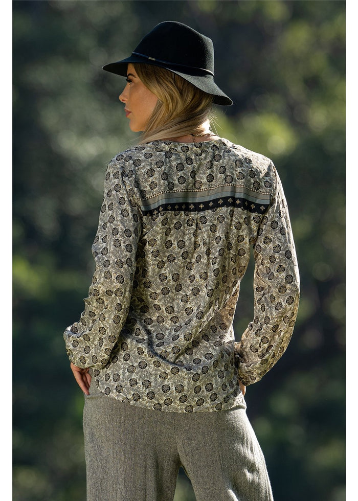 Izzy Long Sleeve Blouse in detailed gold floral block print on charcoal, flowing silk-polyester — Cienna Designs