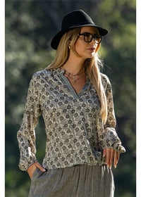 Izzy Long Sleeve Blouse gold floral on charcoal, styled for a dressed-up occasion — Cienna Designs