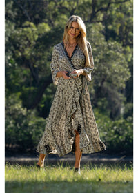 Izzy Long Sleeve Wrap Dress in detailed gold floral block print on charcoal, flowing silk-polyester — Cienna Designs