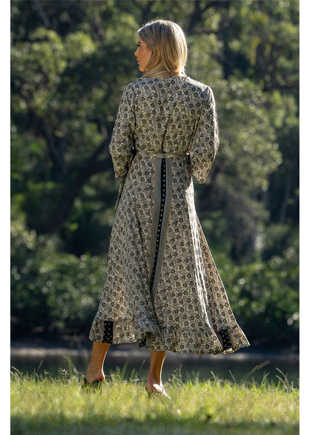 Izzy Long Sleeve Wrap Dress in silk-polyester floral block print, styled for day or evening — Cienna Designs