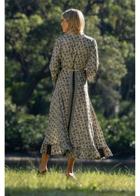 Izzy Long Sleeve Wrap Dress in silk-polyester floral block print, styled for day or evening — Cienna Designs