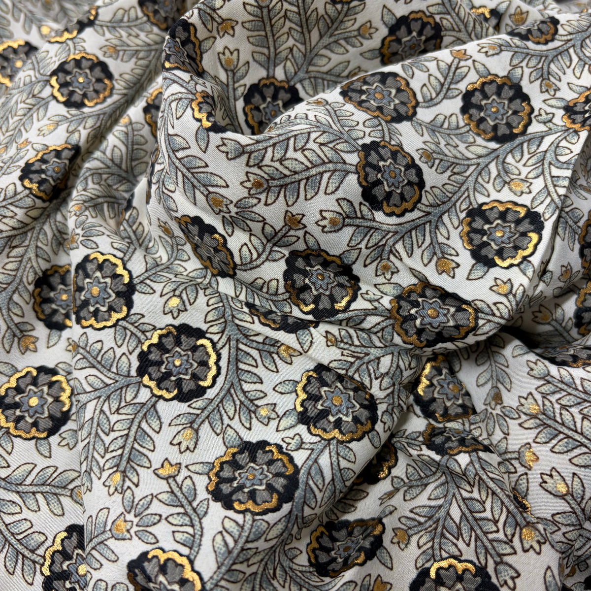 Izzy Long Sleeve Wrap Dress floral block print silk-polyester, available in charcoal gold and off-white blue — Cienna Designs