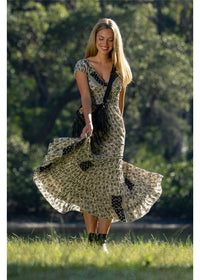 Cienna Designs Izzy Rosa Dress in gold floral block print on charcoal and black, silk-polyester blend — Izzy Rosa Dress by Cienna Designs