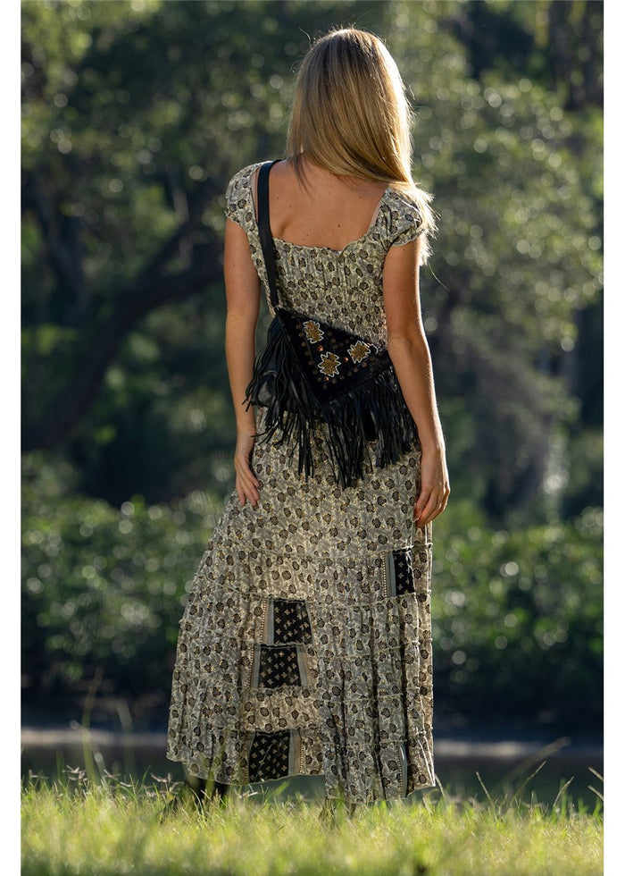 Izzy Rosa Dress in detailed gold floral block print on charcoal, flowing silk-polyester — Cienna Designs
