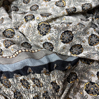 Izzy Rosa Dress in grey and dusty blue floral block print on off-white, silk-polyester blend — Cienna Designs
