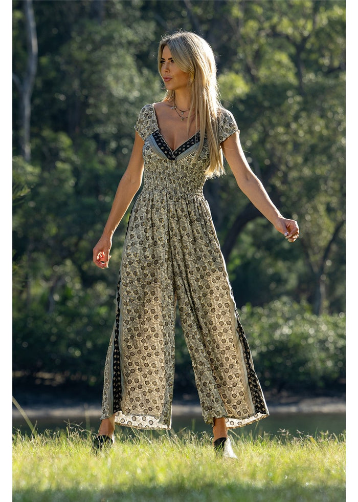 Cienna Designs Izzy Rosa Jumpsuit in gold floral block print on charcoal and black, silk-polyester blend — Izzy Rosa Jumpsuit by Cienna Designs