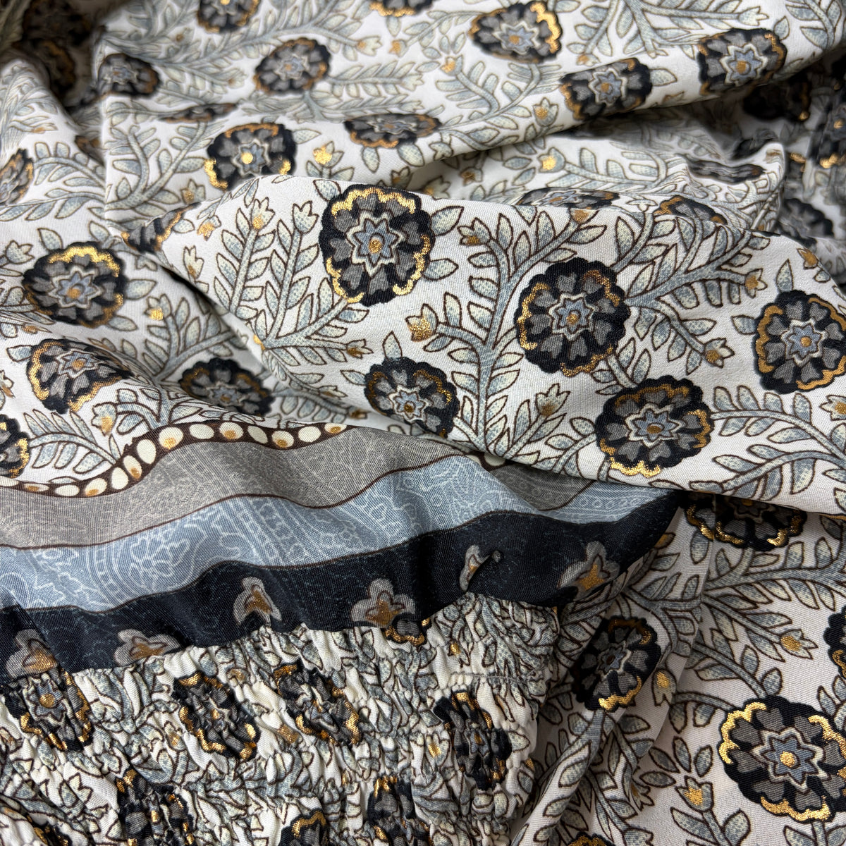 Izzy Rosa Jumpsuit in gold floral block print, second colorway grey and dusty blue on off-white — Cienna Designs