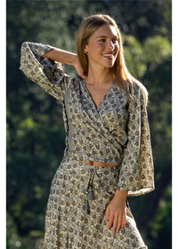 Cienna Designs Izzy Tie Top in gold floral block print on charcoal and black, silk-polyester blend — Izzy Tie Top by Cienna Designs