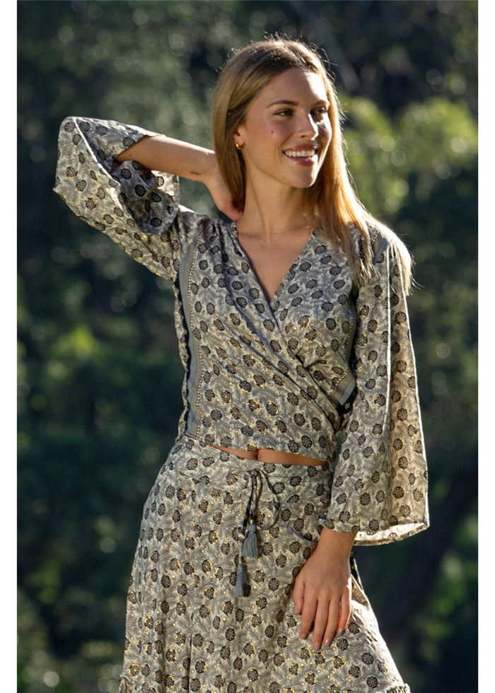 Cienna Designs Izzy Tie Top in gold floral block print on charcoal and black, silk-polyester blend — Izzy Tie Top by Cienna Designs